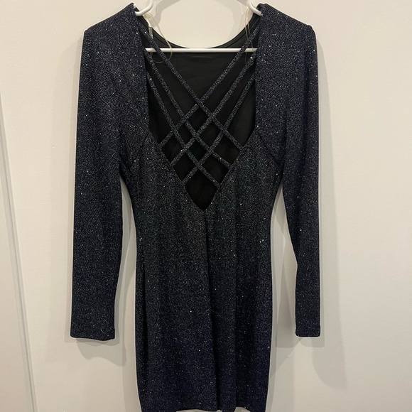 NYE/ HOLIDAY MINI BODYCON DRESS - PRIVY, NAVY WITH SPARKLES SIZE MEDIUM - Picture 2 of 3